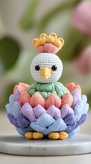 A crocheted chick with a flower crown sits in a colorful flower-shaped nest