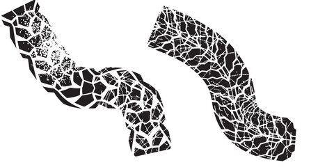 Grunge tire tracks set. Tire tread or wheel braking tracks. Car and motorcycle tread patterns. Dirty grunge textures of wheels. Modern Vector