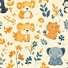 Whimsical animal friends pattern with elephants, pandas, and bears in pastel tones on a gentle yellow canvas. --tile 