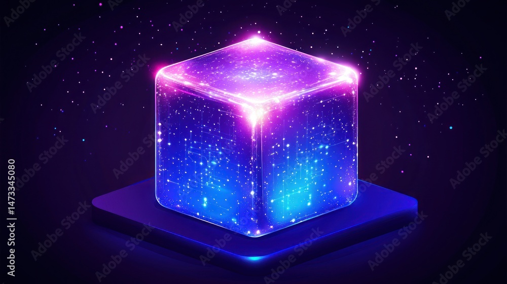 Poster glowing data cube on dark platform