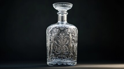 Elegant, crystal decanter with intricate floral design