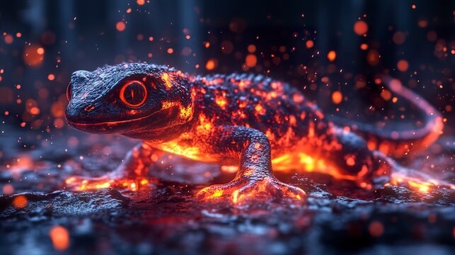 Whimsical animated salamander with ember-lit fins surrounded by glowing lava and spark particles 