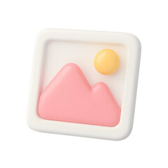 Stylized 3D icon depicting mountains and sun on transparent background, ideal for business and technology applications