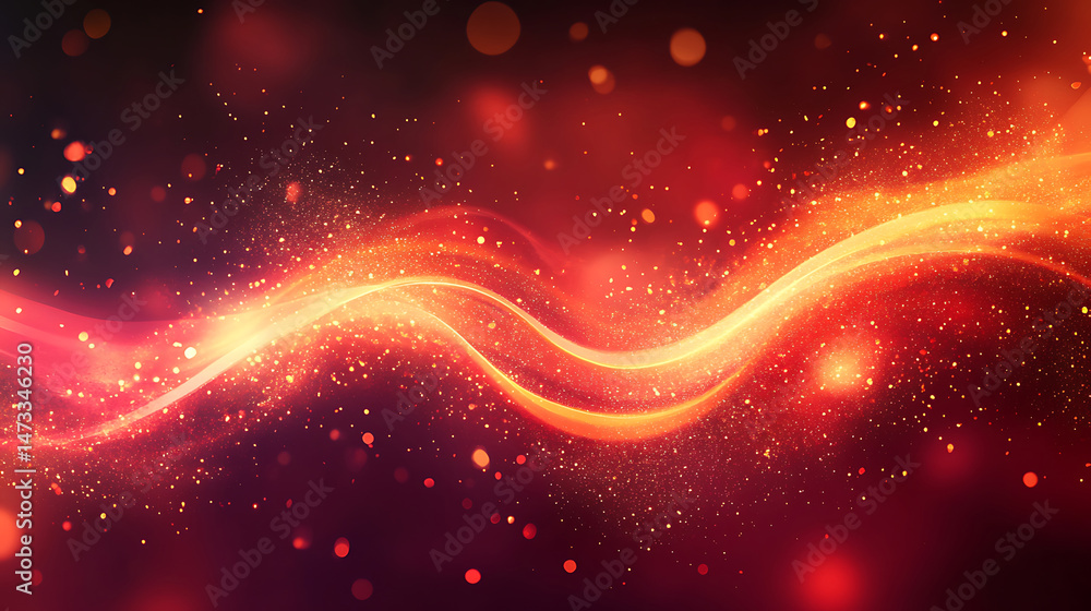 Poster abstract red and gold glittering wave background with bokeh lights and sparkling particles elegant f