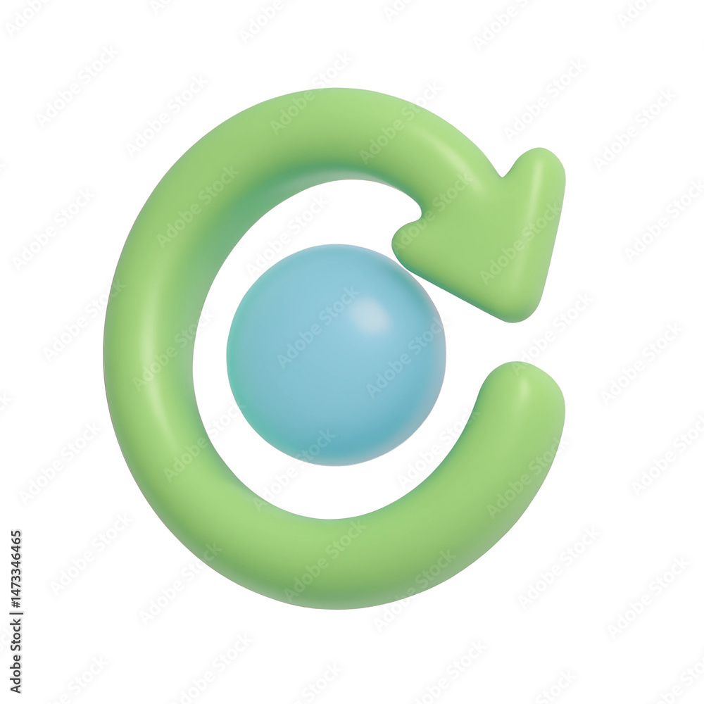 Poster 3d green refresh icon with a blue sphere on a transparent background representing technology and bus