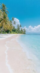 A pristine white sand beach fringed by swaying palm trees meets crystal-clear turquoise waters under a vibrant blue sky