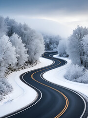 winter wonderland a bendy road winding in a frozen landscape