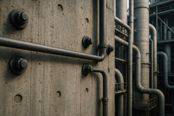 Industrial power plant pipes and bolts are attached to concrete wall with large nuts in complex network of metal tubes and structures