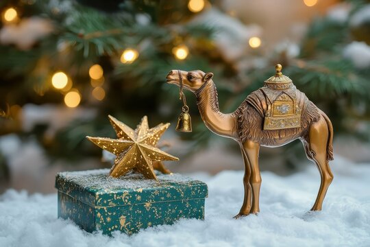 high quality visual of epiphany day star with gift box and camel figurine