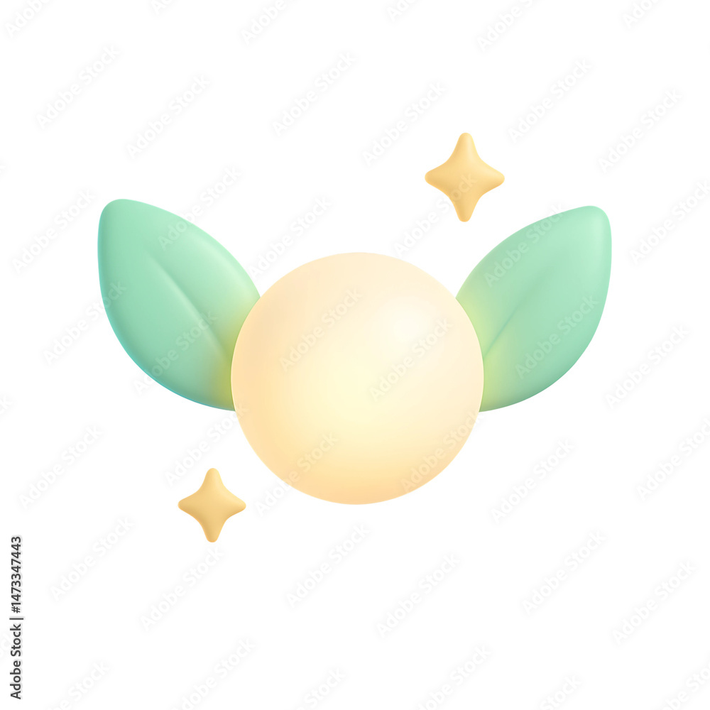Poster modern 3d icon featuring a glowing orb with green leaves and sparkling stars on a transparent backgr