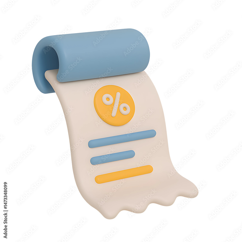 Poster modern 3d icon representing a business receipt with percentage symbol on a transparent background fo