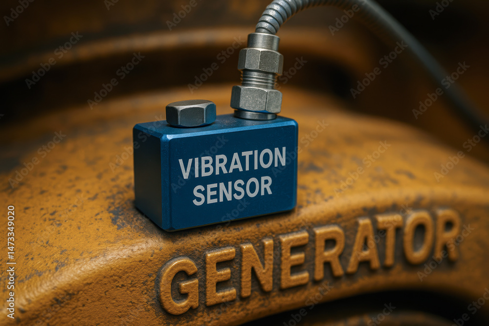 Poster vibration sensor attached to industrial power plant generator to monitor and ensure efficient operat