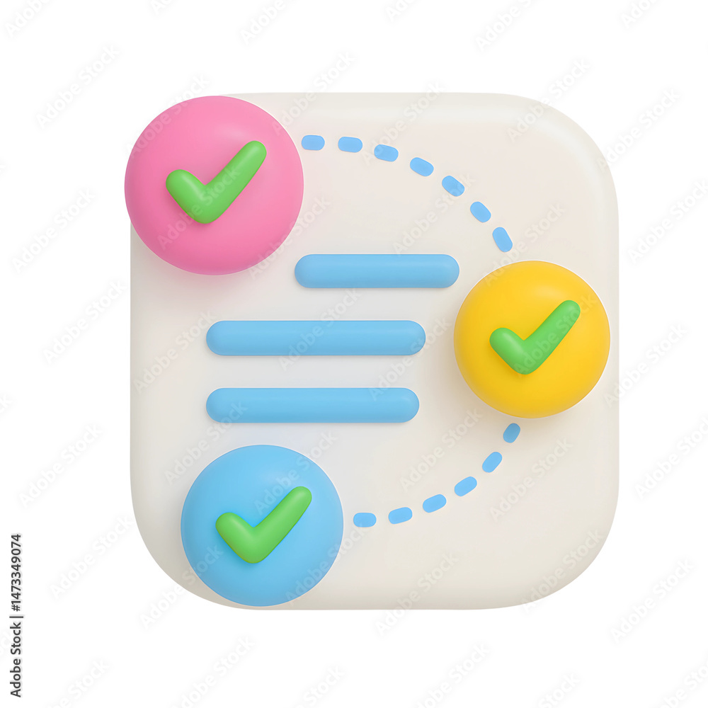 Poster Colorful 3D task management icon featuring checkmarks on a transparent background representing efficient business technology solutions