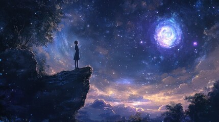 Girl gazing at a starry night sky
