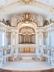 An ornate, white concert hall with a pipe organ, vaulted ceilings, and a stage
