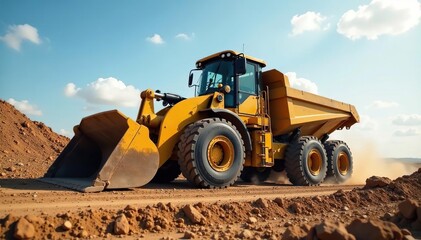 Powerful bulldozer pushing a large tipper truck , stone, industry