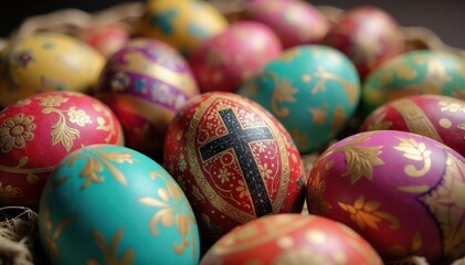Fototapeta premium Close-up of intricately decorated Easter eggs, symbolic of the resurrection, showcasing vibrant colors and religious motifs , celebration, handmade