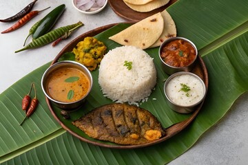 Traditional Bengali Thali on Banana Leaf – Homestyle Feast with Shorshe Ilish & Mishti