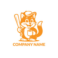 A cheerful black-and-white cat logo wearing a cap, holding a bat and a coffee mug.