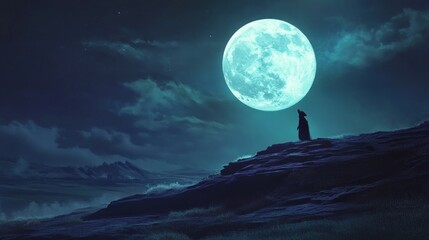 Silhouette figure on hill at night with a large moon