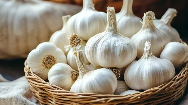 White garlic bulbs sit in a wicker basket, ready for use, with fresh parsley in the background