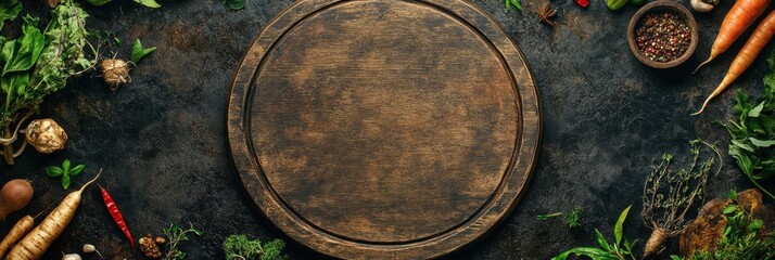 Fototapeta premium Culinary Delights: Rustic Wooden Board Surrounded by Fresh Herbs and Vegetables