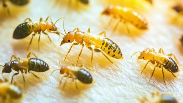 Close-up of termites crawling on wood, causing damage to furniture or a house