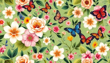 Fototapeta premium Elegant floral seamless pattern featuring diverse blooms, leaves, and butterflies, offering ample empty space, copy space, texture