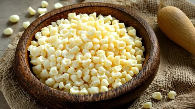 Wooden bowl full of peruvian cancha corn, a large-kernel variety used for making chulpe corn nuts
