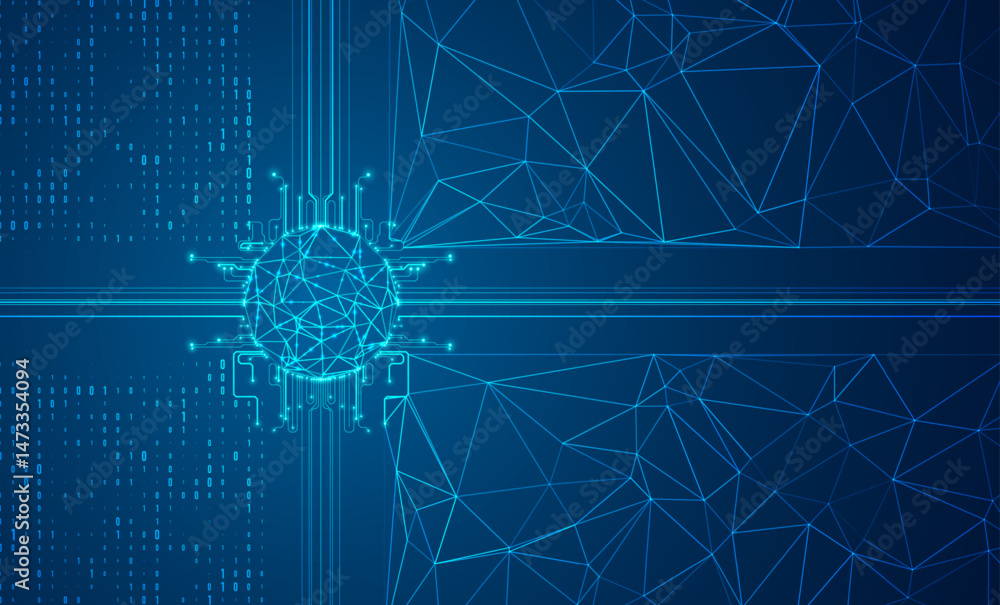 Poster abstract technology background with polygonal lines and code. artificial intelligence illustration. 