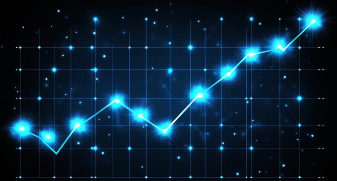 Upward trending graph with glowing points.  A bright,  blue line ascends a gridded background, highlighted by  glowing points, indicating positive growth or progress
