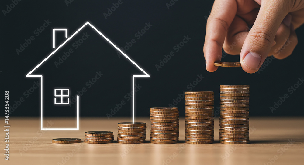 Poster hand placing a coin on a stack of coins with a house outline in the background on a wooden surface r