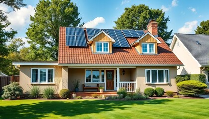 Fototapeta premium Eco-friendly suburban home with rooftop solar panels and lush green lawn, roof, clean energy