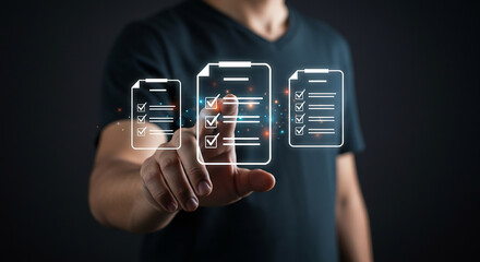 A person pointing at digital checklist icons floating in front of them on a dark background scene real estate business ,technology ,selling ,purchasing ,agreement ,$