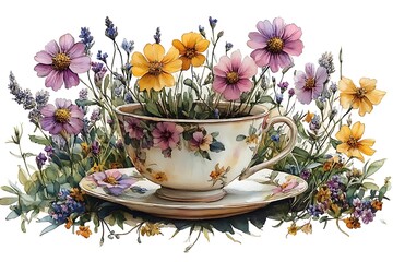 Watercolor illustration of a vintage teacup filled with vibrant colorful flowers and herbs