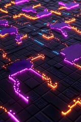 A 3D render of a stylized world map on a circuit board with neon lights