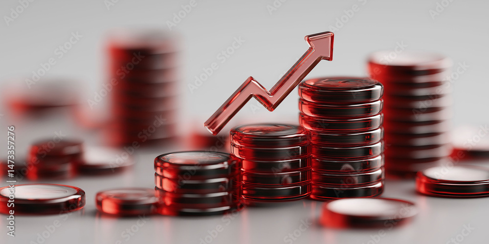 Poster 3d ilustration of a stack of red coins with a red arrow pointing upwards. the coins are arranged in 