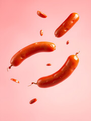 Bavarian sausages falling midair on pink background