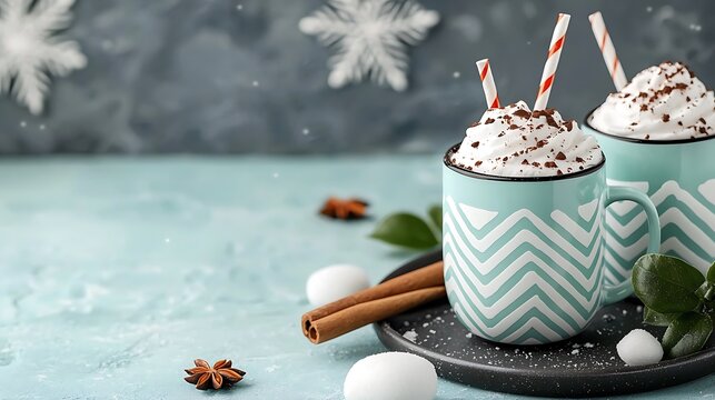Two Mugs of Hot Chocolate with Whipped Cream and Chocolate Shavings