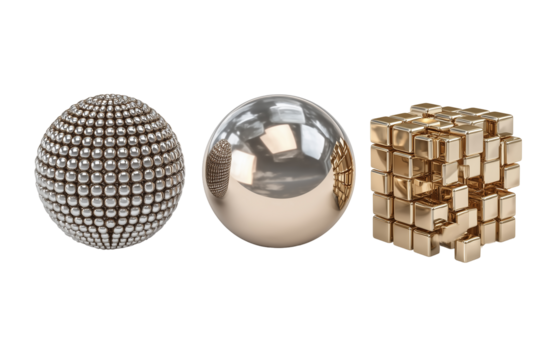 Three metallic geometric shapes