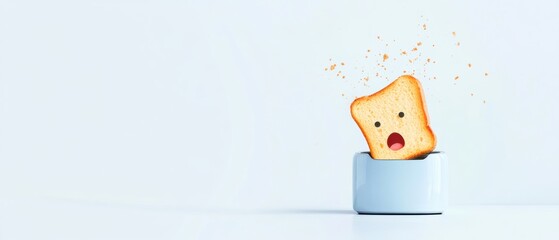 Obraz premium A slice of toast with a surprised face pops out of a toaster, scattering crumbs against a plain background.