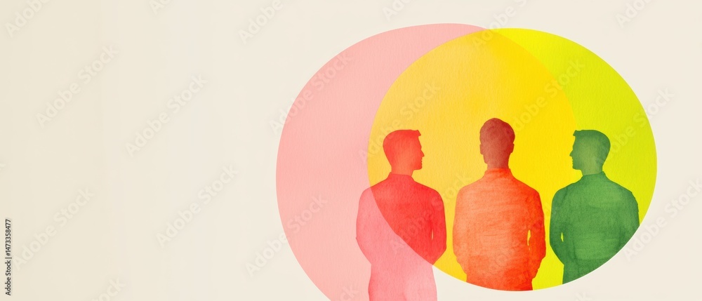 Poster three colorful silhouettes overlap within intersecting circles, illustrating connection, communicati