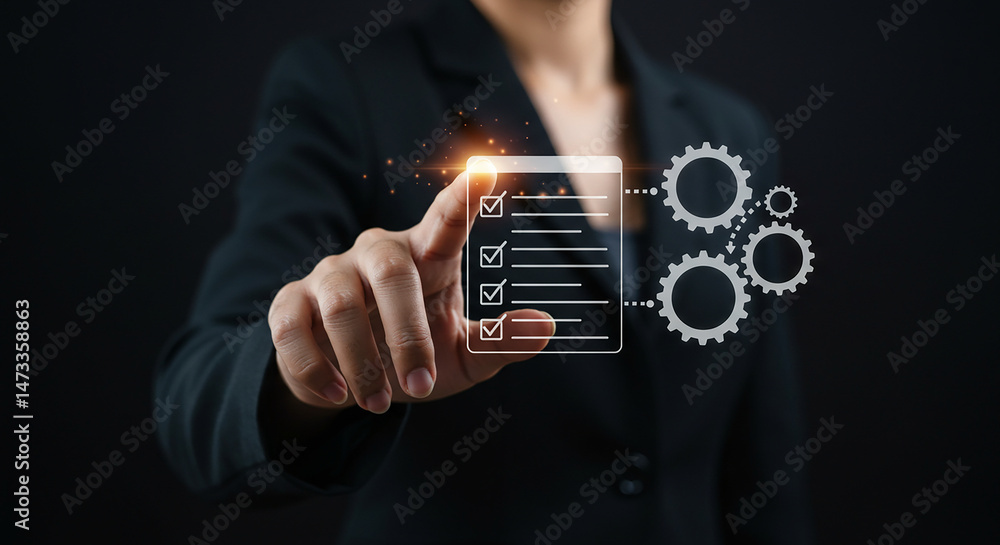 Aufkleber person in suit pointing at digital checklist with gears on a dark background in a studio shot real e
