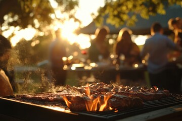 Outdoor BBQ Feast Under Golden Sunset