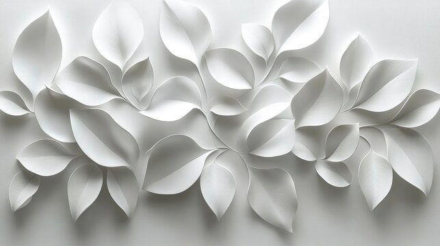 Fototapeta White sculpted wall surface with organic leaf motif for luxury home dÃ©cor 