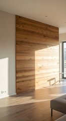 Warm laminated wood panels in modern flat interior with copy space.