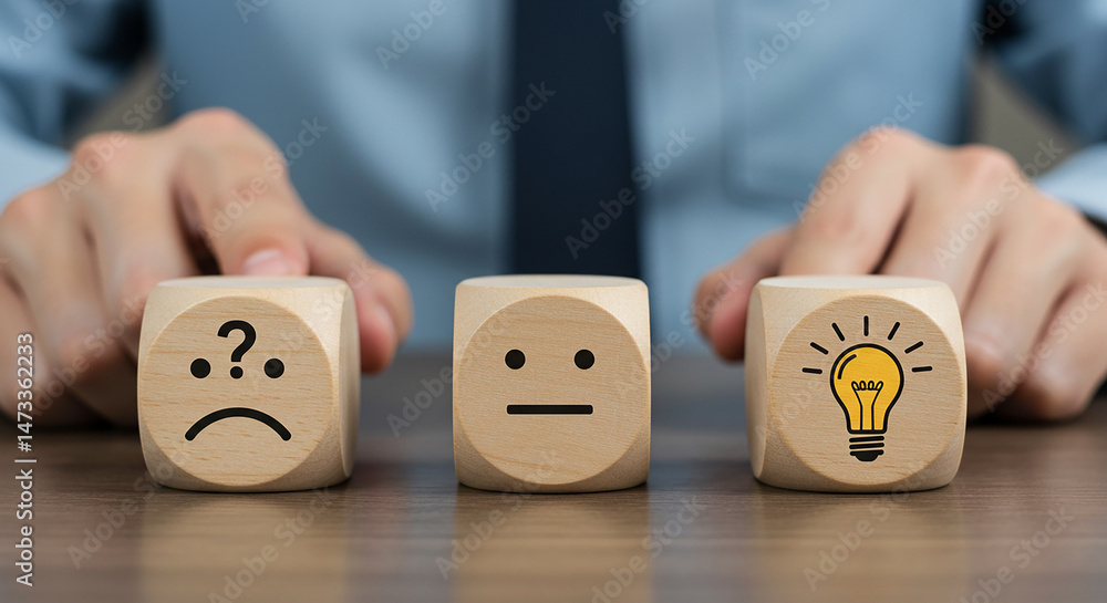 Aufkleber a person presenting wooden blocks with question mark neutral and lightbulb idea symbols on a table t