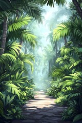 A sunlit path through a dense jungle, leading into a mysterious distance