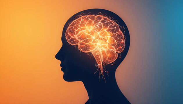 Side silhouette of a human with bright glowing brain, juxtaposed against a dark backdrop, depicting Alzheimer's impact.