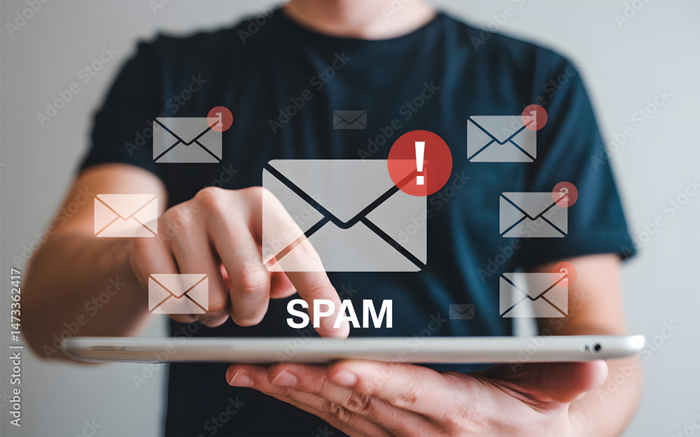 Aufkleber concept showing the identification of unsolicited and unwanted email or messages as spam on a digita